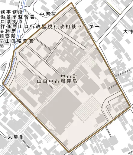 中市町とその周辺の地図。町の範囲を重ねている