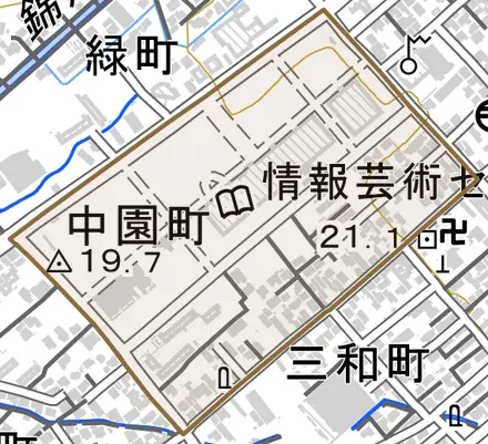 中園町とその周辺の地図。町の範囲を重ねている