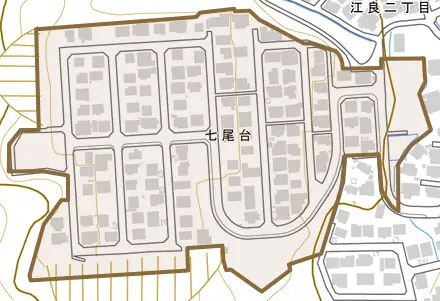 七尾台とその周辺の地図。町の範囲を重ねている