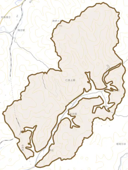仁保上郷とその周辺の地図。町の範囲を重ねている