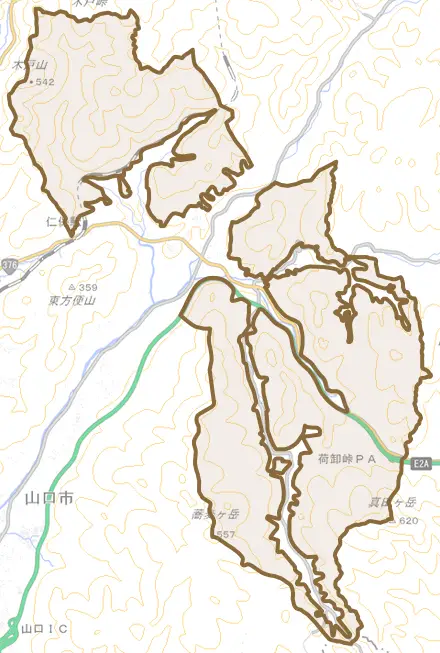 仁保中郷とその周辺の地図。町の範囲を重ねている