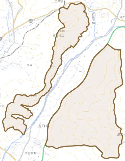 仁保下郷とその周辺の地図。町の範囲を重ねている