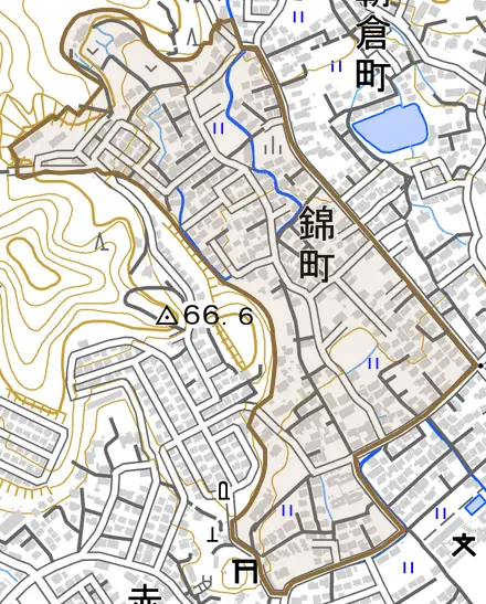 錦町とその周辺の地図。町の範囲を重ねている