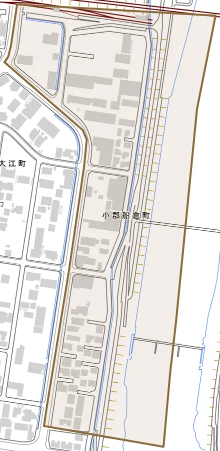 小郡船倉町とその周辺の地図。町の範囲を重ねている