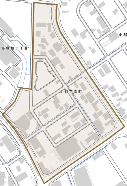 小郡花園町とその周辺の地図。町の範囲を重ねている