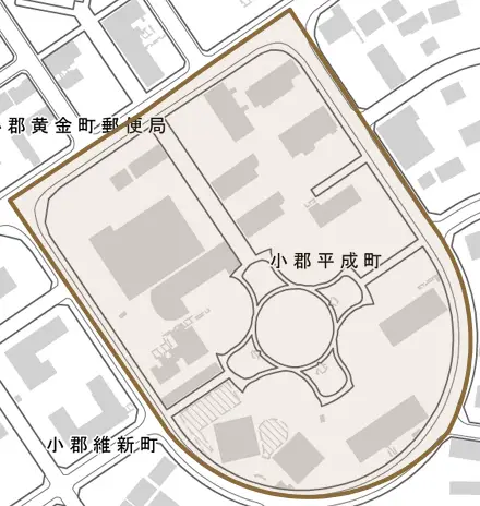 小郡平成町とその周辺の地図。町の範囲を重ねている