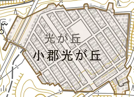 小郡光が丘とその周辺の地図。町の範囲を重ねている
