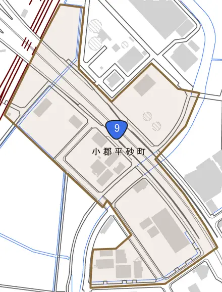 小郡平砂町とその周辺の地図。町の範囲を重ねている