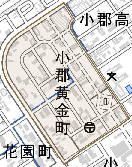小郡黄金町とその周辺の地図。町の範囲を重ねている