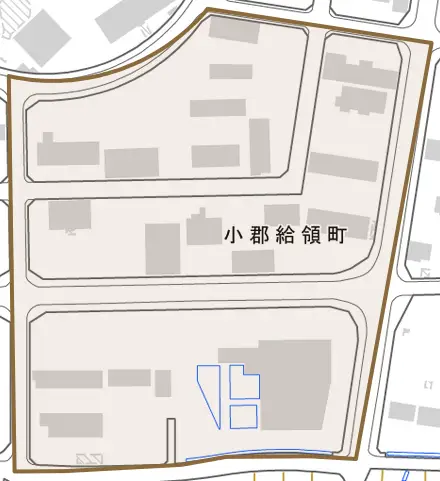 小郡給領町とその周辺の地図。町の範囲を重ねている