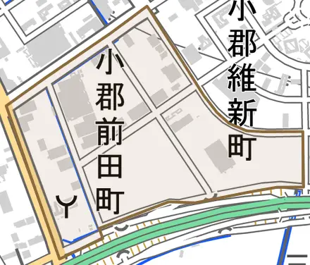 小郡前田町とその周辺の地図。町の範囲を重ねている