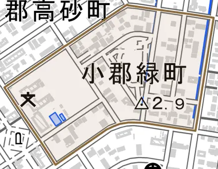 小郡緑町とその周辺の地図。町の範囲を重ねている