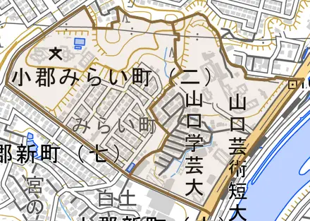 小郡みらい町とその周辺の地図。町の範囲を重ねている