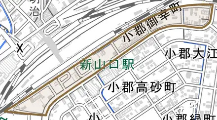 小郡御幸町とその周辺の地図。町の範囲を重ねている