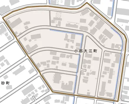 小郡大江町とその周辺の地図。町の範囲を重ねている