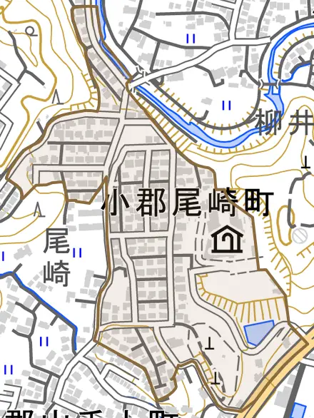 小郡尾崎町とその周辺の地図。町の範囲を重ねている