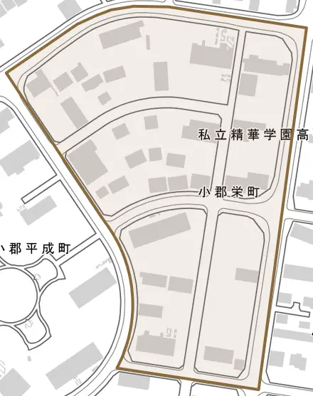 小郡栄町とその周辺の地図。町の範囲を重ねている