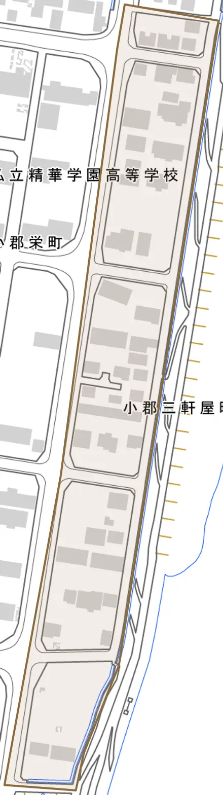 小郡三軒屋町とその周辺の地図。町の範囲を重ねている