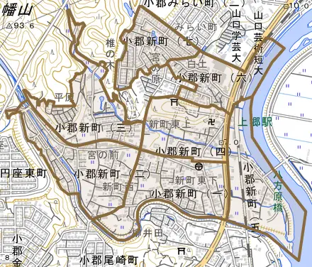 小郡新町とその周辺の地図。町の範囲を重ねている