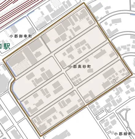 小郡高砂町とその周辺の地図。町の範囲を重ねている
