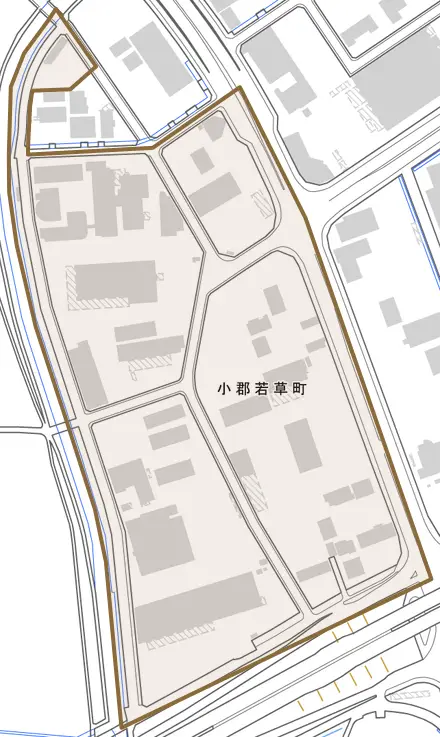 小郡若草町とその周辺の地図。町の範囲を重ねている