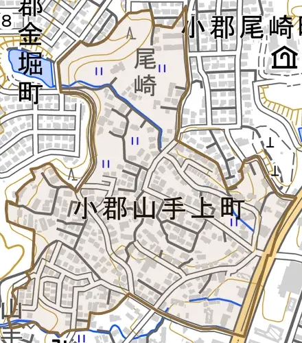 小郡山手上町とその周辺の地図。町の範囲を重ねている