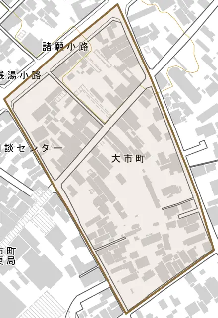 大市町とその周辺の地図。町の範囲を重ねている