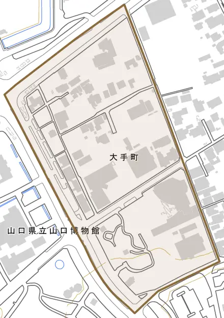 大手町とその周辺の地図。町の範囲を重ねている