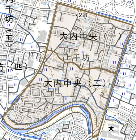 大内中央とその周辺の地図。町の範囲を重ねている