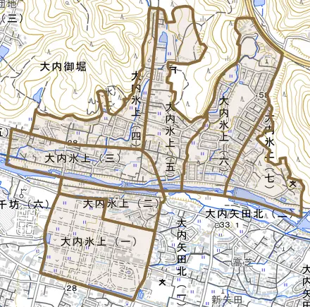 大内氷上とその周辺の地図。町の範囲を重ねている