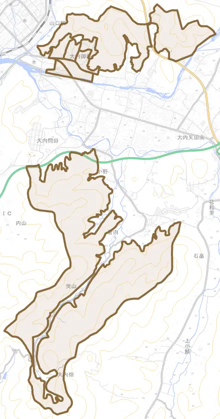 大内御堀とその周辺の地図。町の範囲を重ねている