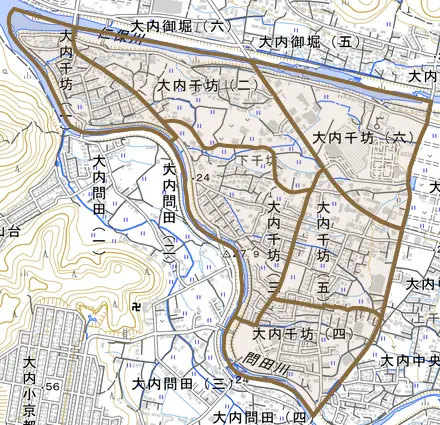 大内千坊とその周辺の地図。町の範囲を重ねている
