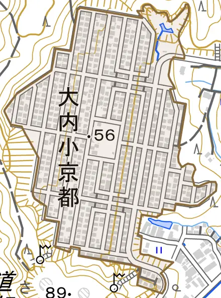 大内小京都とその周辺の地図。町の範囲を重ねている