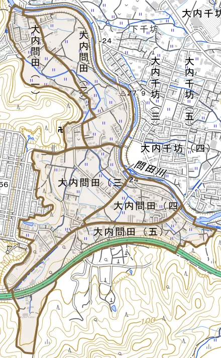 大内問田とその周辺の地図。町の範囲を重ねている