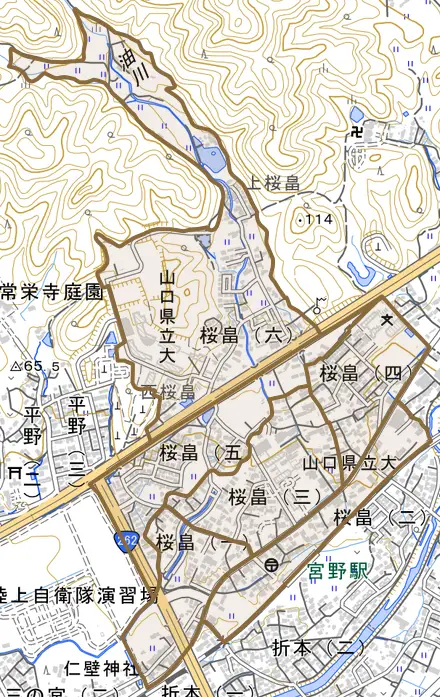 桜畠とその周辺の地図。町の範囲を重ねている