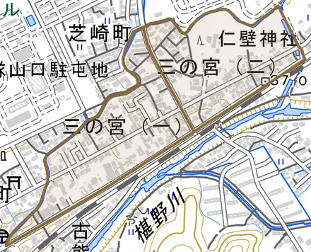 三の宮とその周辺の地図。町の範囲を重ねている