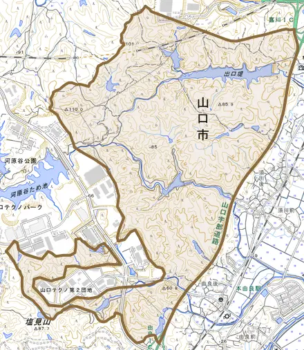 佐山とその周辺の地図。町の範囲を重ねている