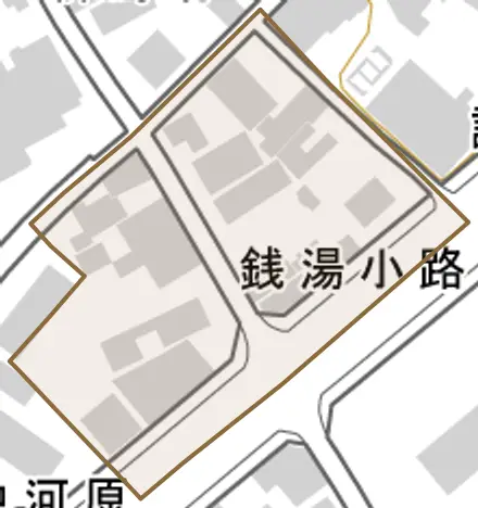 銭湯小路とその周辺の地図。町の範囲を重ねている