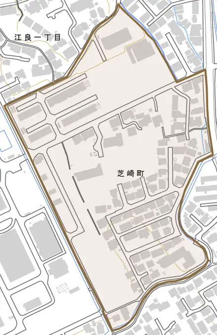 芝崎町とその周辺の地図。町の範囲を重ねている