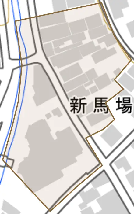新馬場とその周辺の地図。町の範囲を重ねている