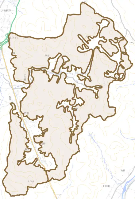 下小鯖とその周辺の地図。町の範囲を重ねている