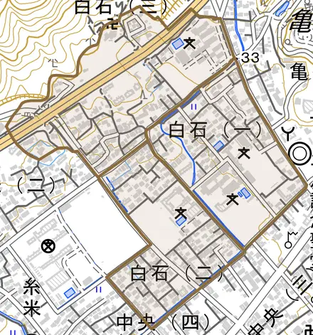 白石とその周辺の地図。町の範囲を重ねている