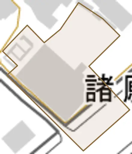 諸願小路とその周辺の地図。町の範囲を重ねている