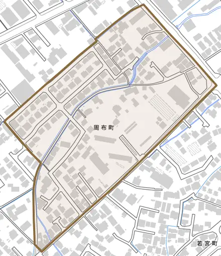 周布町とその周辺の地図。町の範囲を重ねている