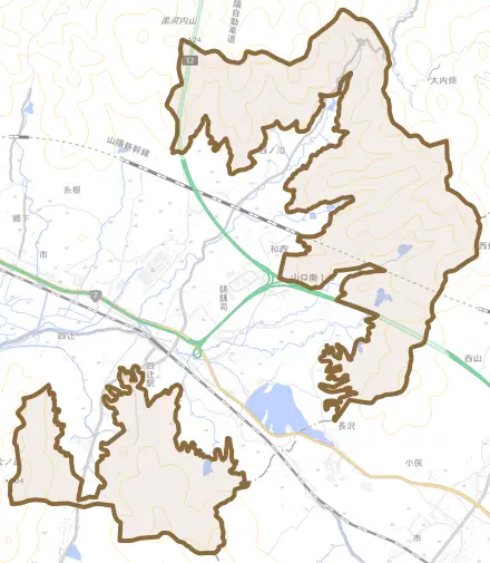 鋳銭司とその周辺の地図。町の範囲を重ねている