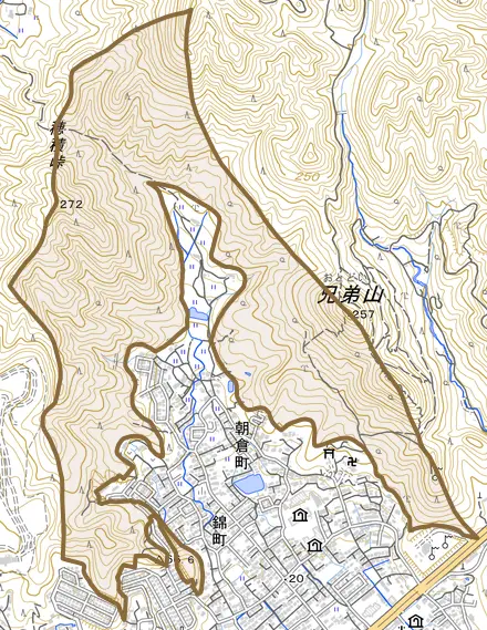 下宇野令とその周辺の地図。町の範囲を重ねている