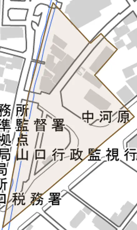 中河原とその周辺の地図。町の範囲を重ねている