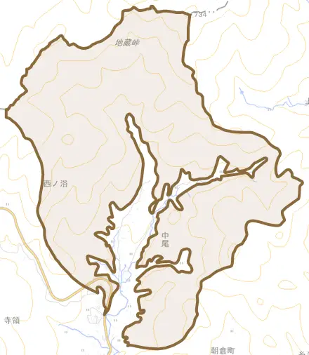 中尾とその周辺の地図。町の範囲を重ねている