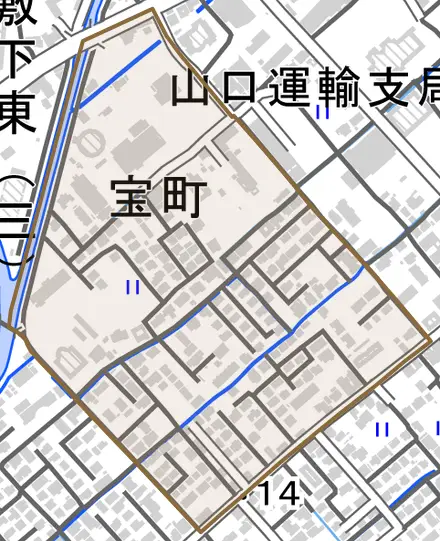 宝町とその周辺の地図。町の範囲を重ねている