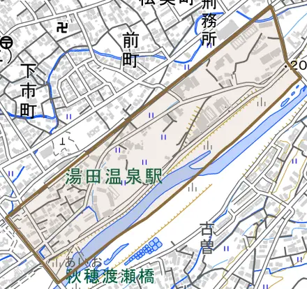 富田原町とその周辺の地図。町の範囲を重ねている